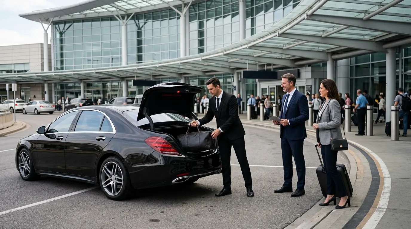 Luxury Airport Limo Service Hamilton with professional chauffeur at airport terminal.