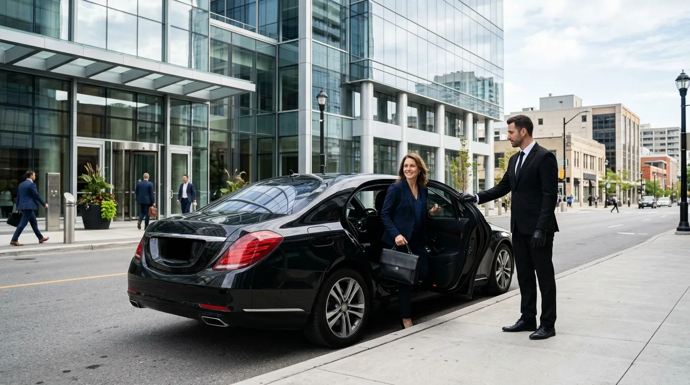 Professional Corporate Limo Service Hamilton with executive sedan and chauffeur outside a downtown office.