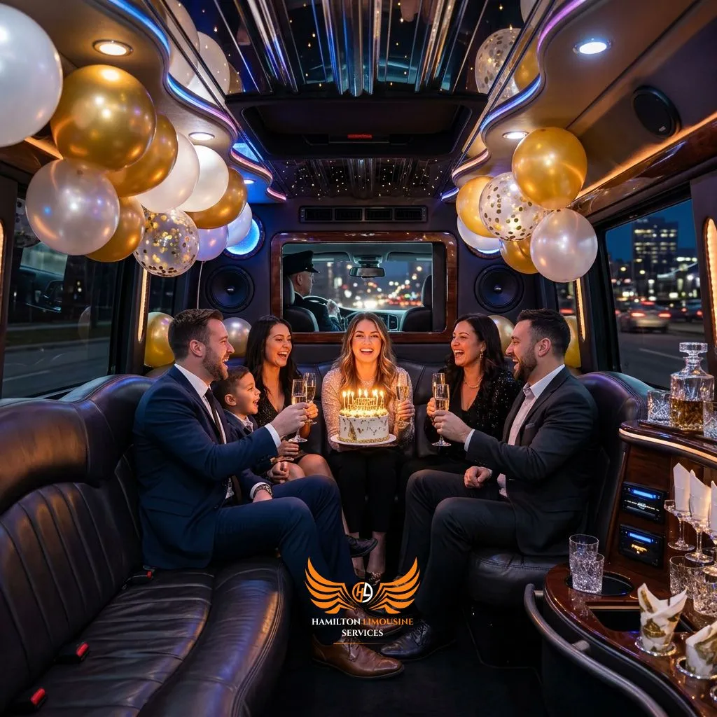 Luxury Hamilton Birthday Limo with premium interior for birthday celebrations.