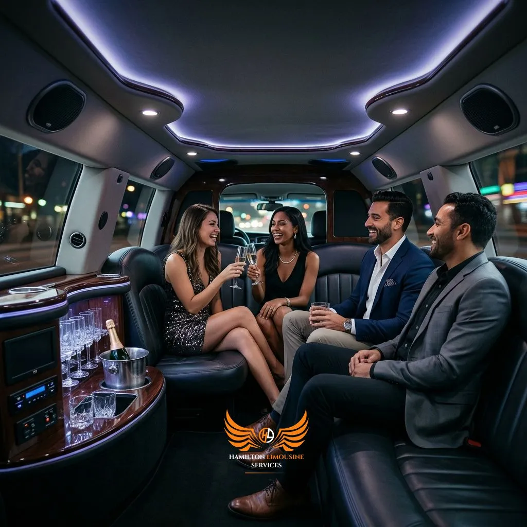 Hamilton Casino Limo with comfortable luxury interior for group casino transportation.