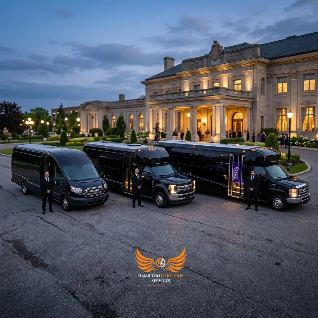 Hamilton Party Bus Rental fleet with professional chauffeurs and luxury vehicles.