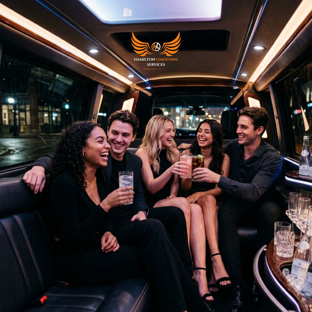 Friends enjoying a luxury limousine during a night out in Hamilton.
