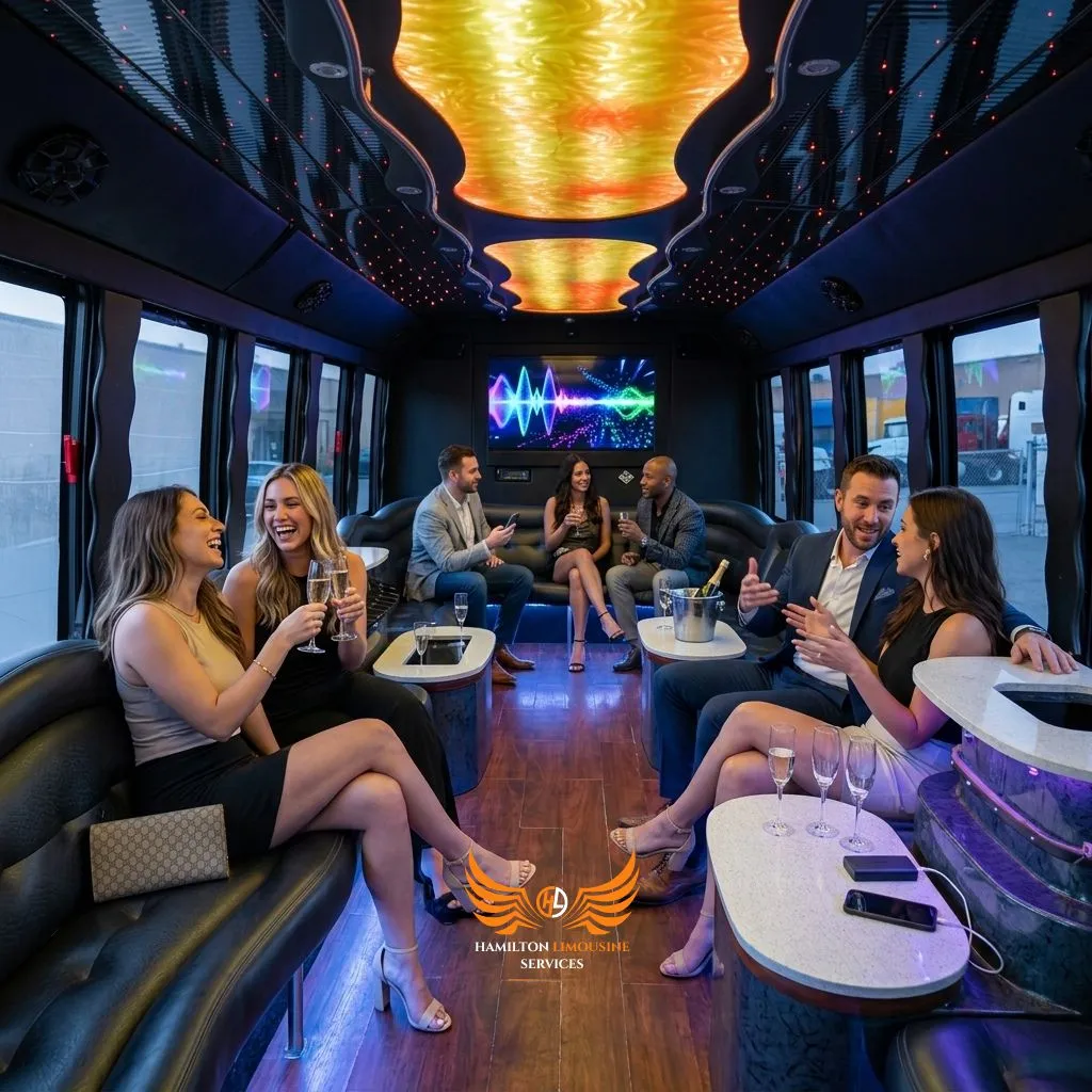 Luxury Party Bus Rental Hamilton featuring premium interiors and modern amenities.
