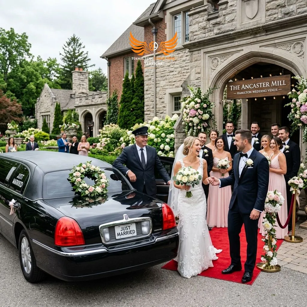 Bride and groom with bridal party arriving in a luxury wedding limousine in Hamilton.