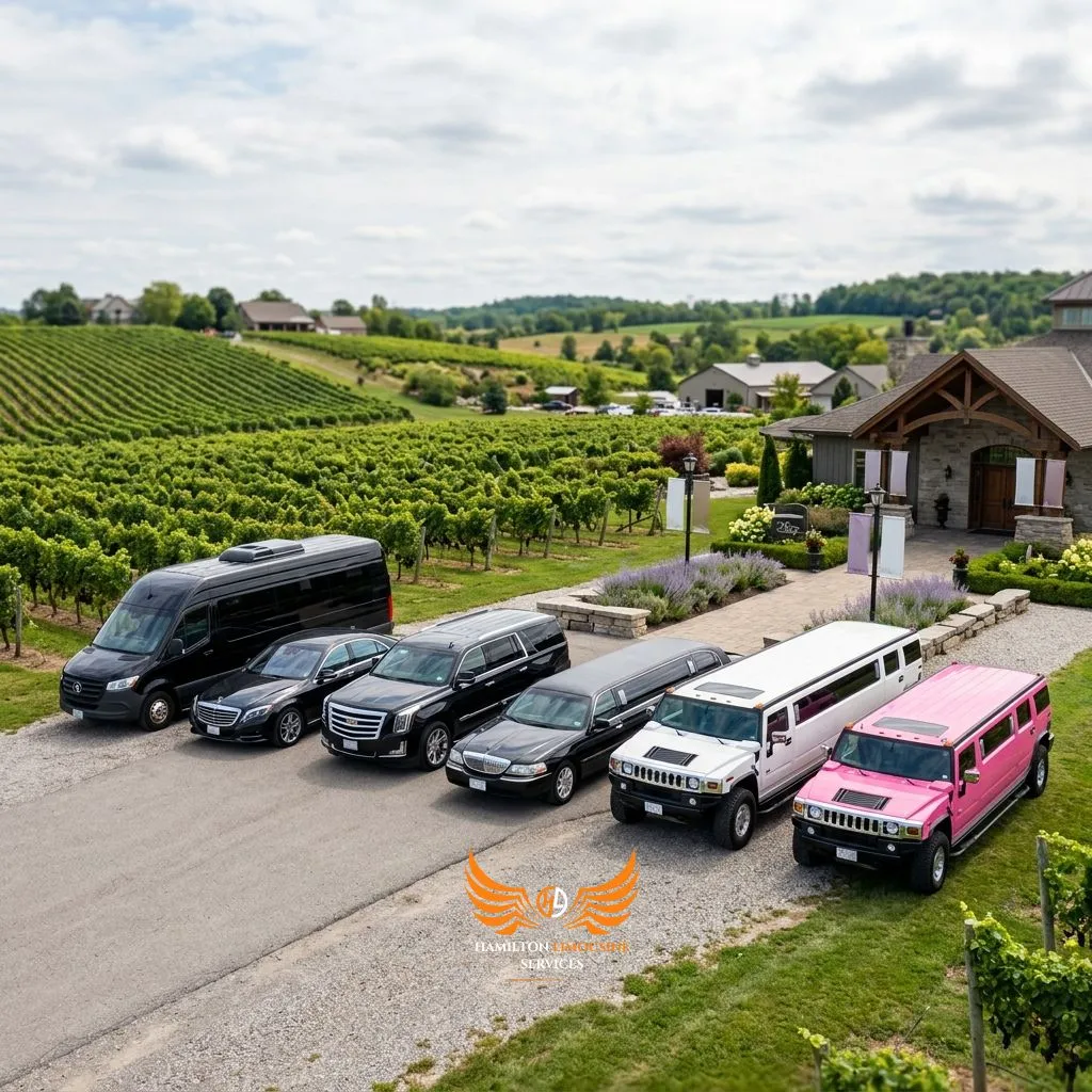 Luxury limousine fleet for winery tours in Hamilton including sedans, SUVs, Hummer limousines, and party buses.
