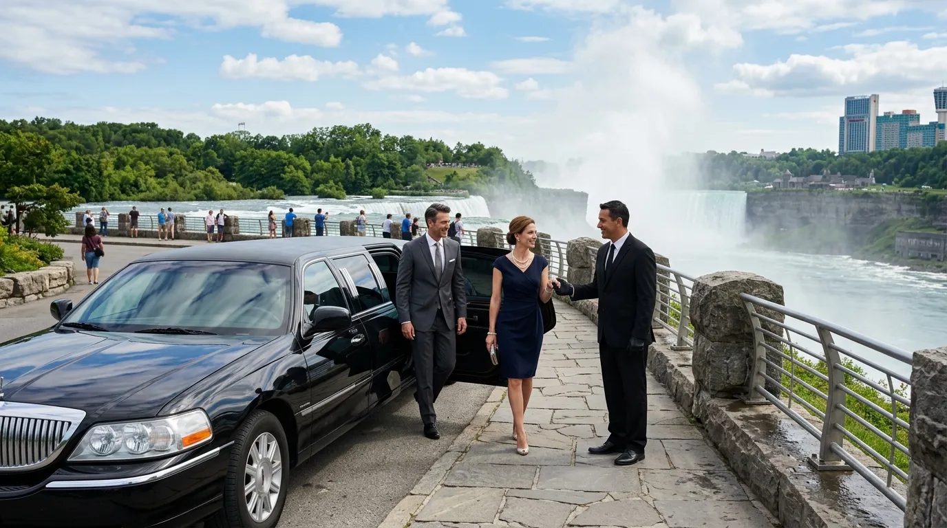 Luxury Niagara Falls Limo Service with chauffeur and stretch limousine overlooking Horseshoe Falls.