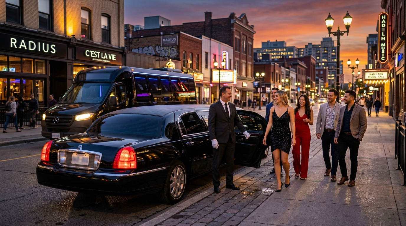 Luxury night out limousine and party bus service in Hamilton with professional chauffeur.