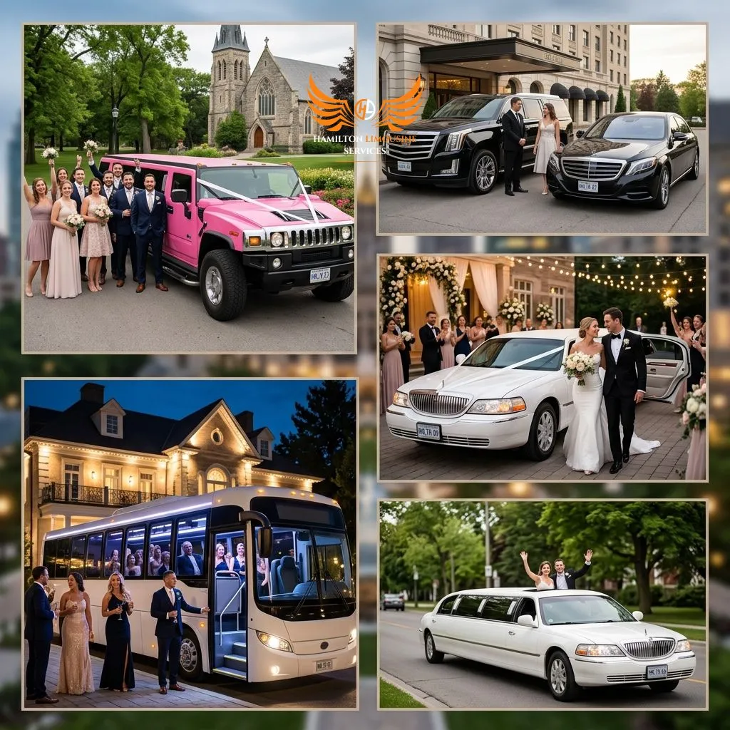 Luxury wedding limousine fleet in Hamilton including stretch limousines, SUVs, Hummer limos, and party buses.