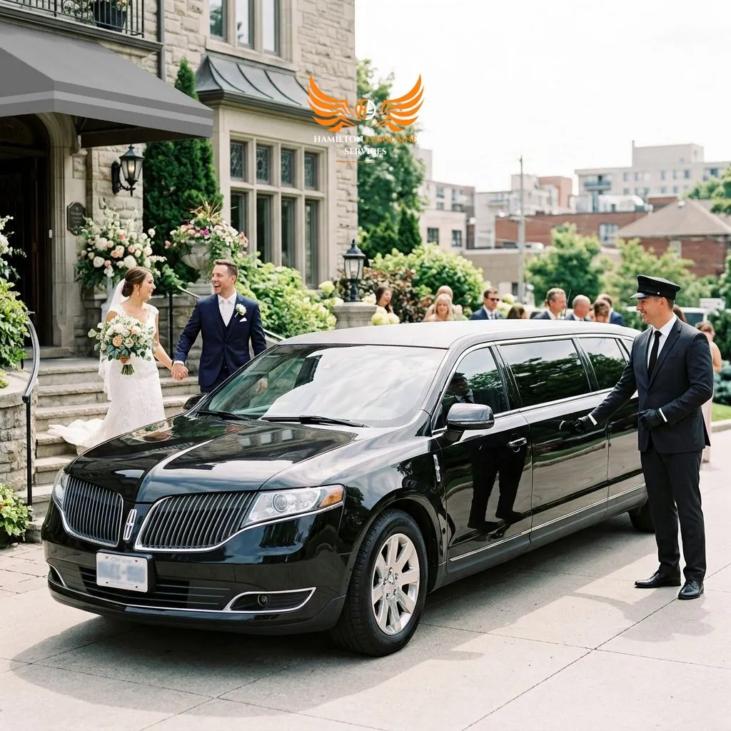 Professional chauffeur with luxury stretch limousine for wedding transportation in Hamilton.