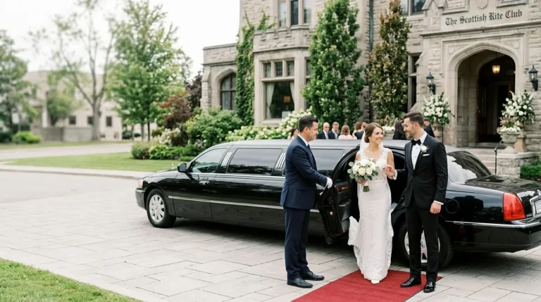 Bride and groom using a wedding limo service in Hamilton